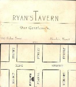 Business card for Ryan's Tavern in Honolulu